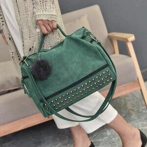 Green Studded Pom‎ Faux Suede Leather Crossbody Satchel Shoulder Bag Purse